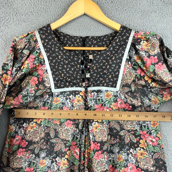 Vintage 70s Floral Paisley Print Lace Up Midi Dress Multi Puff Sleeve 10 - Picture 5 of 11
